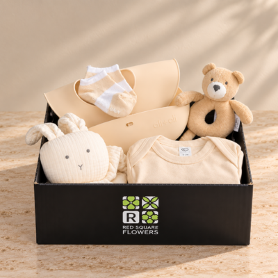 Little Beginnings neutral Baby Gift Crate with organic baby essentials